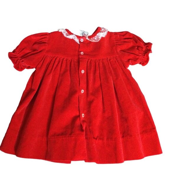 Vintage Baby Girl's Velvet Embroidered Smocked Dress Short Sleeve Red Lace Trim - Picture 2 of 8